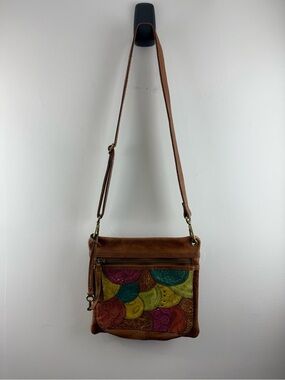 Fossil Genuine Leather Scalloped Patchwork Crossbody Bag Vintage Boho